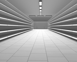 Empty white supermarket shelf rows 3D render.