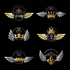 Royal Crowns and Vintage Stars emblems set. Heraldic vector desi