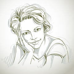 Portrait of delicate dreamy good-looking woman, black and white