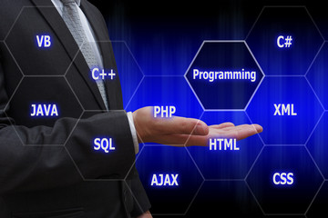 Programmer hand with virtual panel of programming languages, Com