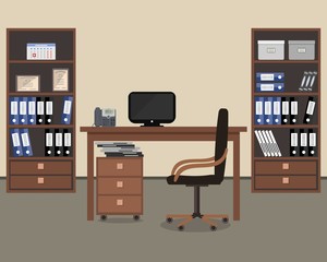 Workplace of office worker. There is a table, a chair, two cabinets with folders and other objects in the picture. Vector flat illustration