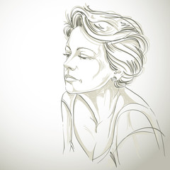 Hand-drawn portrait of white-skin sad woman, face emotions theme