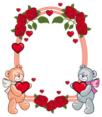 Oval frame with  roses and two teddy bears holding heart. 