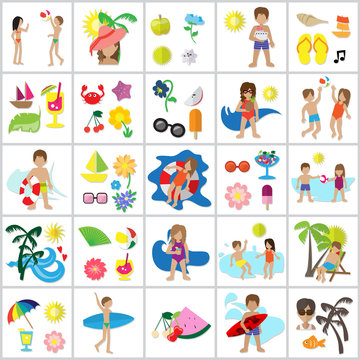 Summer Icons Set Isolated On White Background-Vector Illustration,Graphic Design.Colorful Symbols.For Web Site,Apps,Print,Presentation Templates,Mobile Applications And Promotional Materials