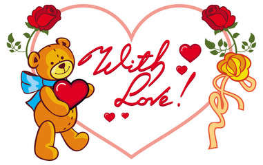 Heart-shaped frame with roses and teddy bear holding heart. Raster clip art.