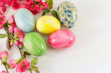 Painted Easter eggs and Japanese rose flowers