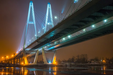 Cable-stayed bridge across the river. The bridge with night ligh