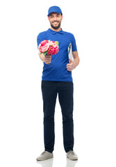 happy delivery man with flowers and clipboard