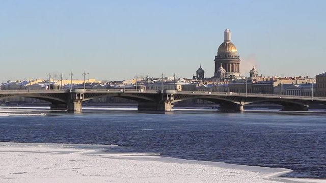 Time lapse of Neva river and St Isaac's Cathedral at winter. St. Petersburg, Russia