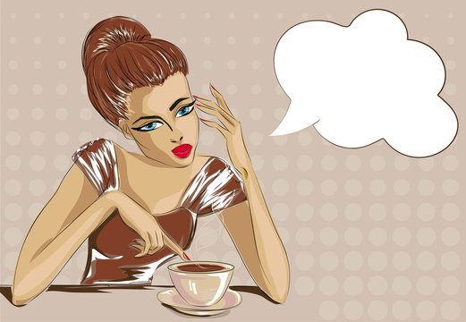 Pin up style bored woman with cop of coffee, speech bubble pop art portrait vector illustration