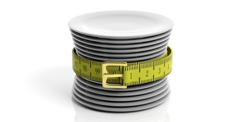 Yellow measure tape - belt and a stack of plates. 3d illustration