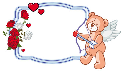 Color frame with roses and teddy bear with bow and wings, looks like a Cupid.