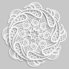 Lace 3D mandala,  round symmetrical openwork pattern,  decorative  snowflake, arabic ornament, decorative design element,  vector