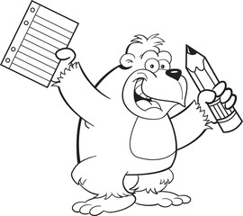 Black and white illustration of a gorilla holding a paper and pencil.