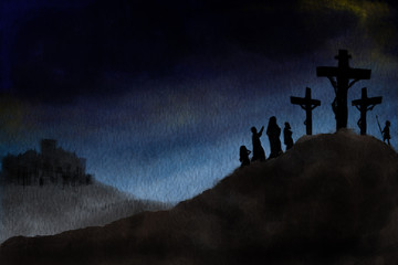 Crucifiction of Jesus Christ on Calvary hill . abstract artistic religious Easter background