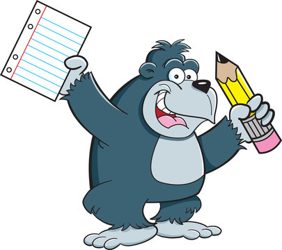 Cartoon Illustration Of A Gorilla Holding A Paper And Pencil.