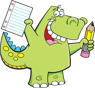 Cartoon illustration of a dinosaur holding a paper and pencil.