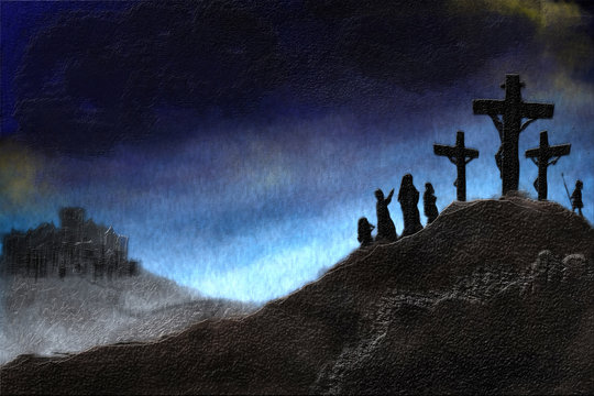Crucifiction of Jesus Christ on Calvary hill . abstract artistic texture background