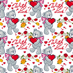 Seamless pattern with hearts and teddy bears. Raster clip art.
