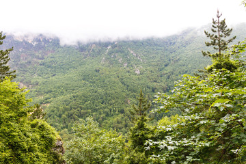 Mountains and fog near Budva old city in Montenegro