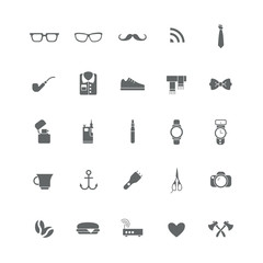 Set of black icons with different hipster things (clothing, electronics, accessories).