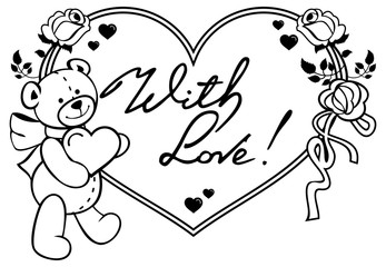 Heart-shaped frame with outline roses, teddy bear holding heart