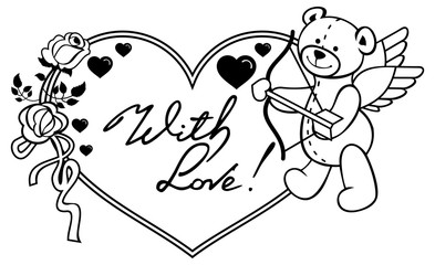Heart-shaped frame with outline roses and teddy bear with bow and wings.
