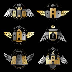 Ancient Bastions emblems set. Heraldic vector design elements co