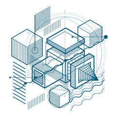 Isometric abstract background with linear dimensional shapes, ve