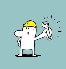 Technician with wrench, Simple man, Vector illustration.