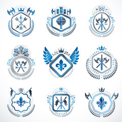 Heraldic decorative emblems made with royal crowns, animal illus