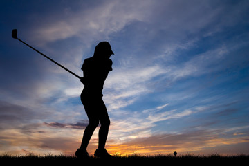 silhouette golfer playing golf during beautiful sunset