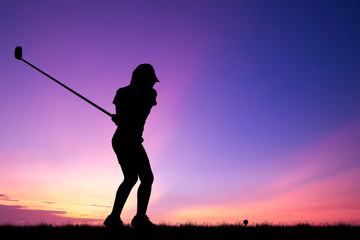 silhouette golfer playing golf during beautiful sunset