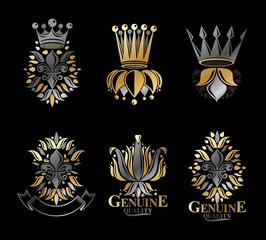 Royal symbols Lily Flowers, floral and crowns, emblems set. Hera