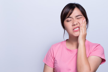Woman has toothache coppy space