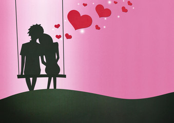 Concept Valentine's day / Boy and girl in love on the swings / Paper style