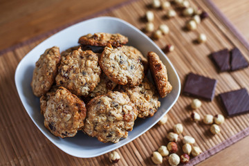 Homemade oatmeal cookies with raisins and chocolate