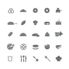 Set of black icons with different flour products (Cakes, biscuits, sweets). © ductru