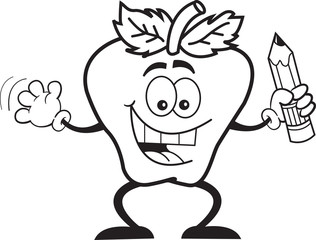 Black and white illustration of an apple holding a pencil.