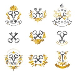 Ancient Keys emblems set. Heraldic Coat of Arms decorative logos