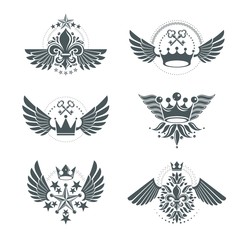 Fototapeta na wymiar Imperial Crowns and Vintage Stars emblems set. Heraldic Coat of