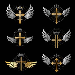 Crosses of Christianity emblems set. Heraldic vector design elem