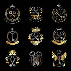 Ancient Keys emblems set. Heraldic Coat of Arms decorative logos