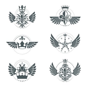 Ancient Crowns and Military Stars emblems set. Heraldic vector d