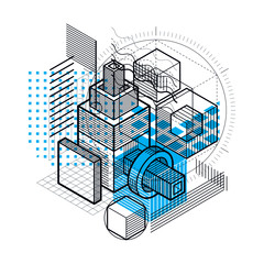 Abstract design with 3d linear mesh shapes and figures, vector i