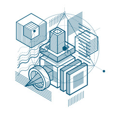 Isometric abstract background with linear dimensional shapes, ve