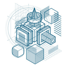 Abstract 3d shapes composition, vector isometric background. Com