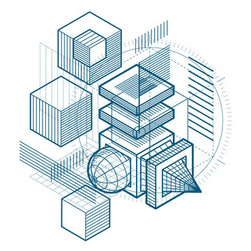 Abstract design with 3d linear mesh shapes and figures, vector i