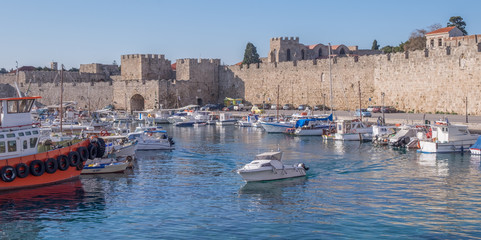 Walls of ancient medieval city at Rhodes, Greece