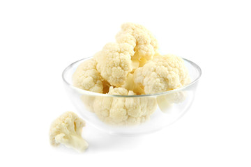 Cauliflower in bowl on white background
